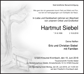 Traueranzeige von Hartmut Siebel von Siegener Zeitung