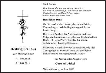 Traueranzeige von Hedwig Staubus von Siegener Zeitung