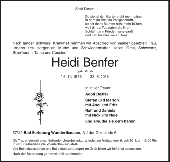 Traueranzeige von Heidi Benfer von Siegener Zeitung