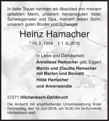 Traueranzeige von Heinz Hamacher von Siegener Zeitung