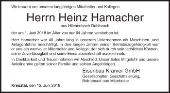 Traueranzeige von Heinz Hamacher von Siegener Zeitung