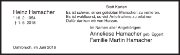 Traueranzeige von Heinz Hamacher von Siegener Zeitung