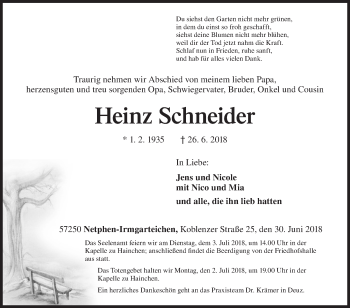 Traueranzeige von Heinz Schneider von Siegener Zeitung