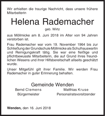 Traueranzeige von Helena Rademacher von Siegener Zeitung