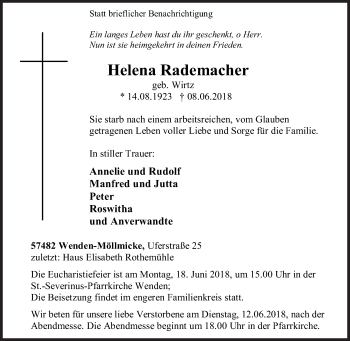 Traueranzeige von Helena Rademacher von Siegener Zeitung
