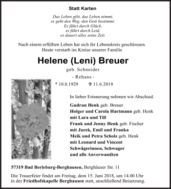 Traueranzeige von Helene  Breuer von Siegener Zeitung