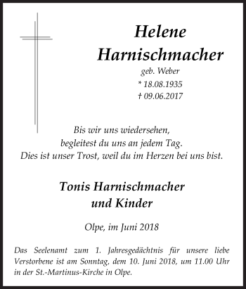 Traueranzeige von Helene Harnischmacher von Siegener Zeitung