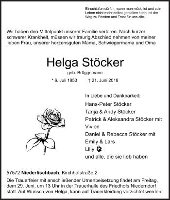 Traueranzeige von Helga Stöcker von Siegener Zeitung