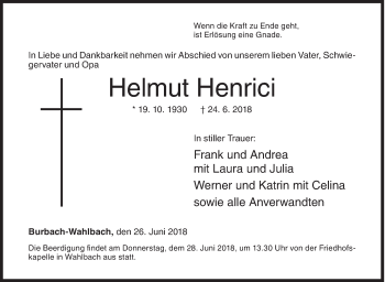 Traueranzeige von Helmut Henrici von Siegener Zeitung