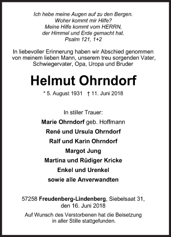 Traueranzeige von Helmut Ohrndorf von Siegener Zeitung