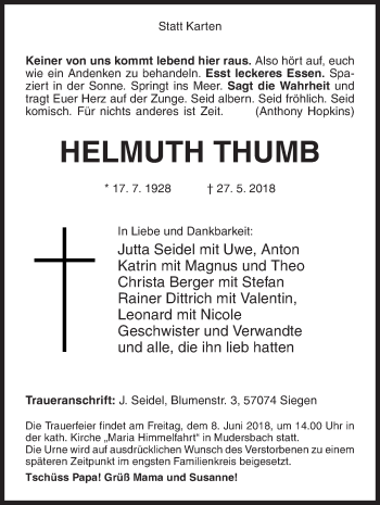 Traueranzeige von Helmut Thumb von Siegener Zeitung