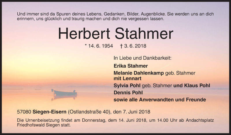  Traueranzeige für Herbert Stahmer vom 07.06.2018 aus Siegener Zeitung