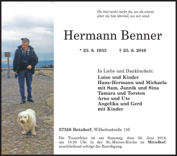 Traueranzeige von Hermann Benner von Siegener Zeitung