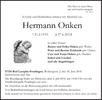 Traueranzeige von Hermann Onken von Siegener Zeitung
