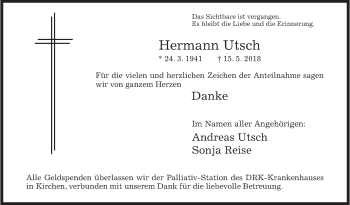 Traueranzeige von Hermann Utsch von Siegener Zeitung