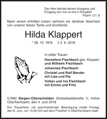 Traueranzeige von Hilda Klappert von Siegener Zeitung