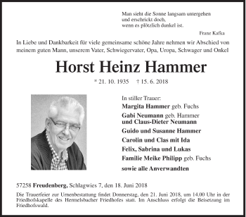 Traueranzeige von Horst Heinz Hammer von Siegener Zeitung