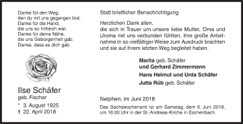 Traueranzeige von Ilse Schäfer von Siegener Zeitung