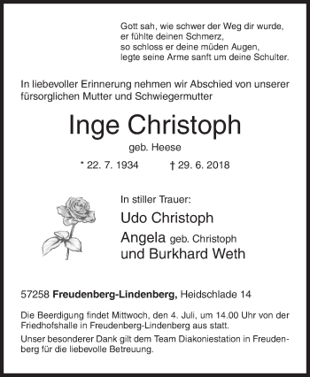Traueranzeige von Inge Christoph von Siegener Zeitung