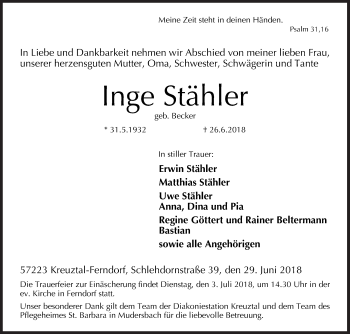 Traueranzeige von Inge Stähler von Siegener Zeitung