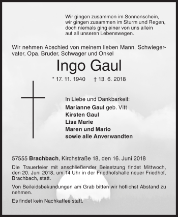 Traueranzeige von Ingo Gaul von Siegener Zeitung