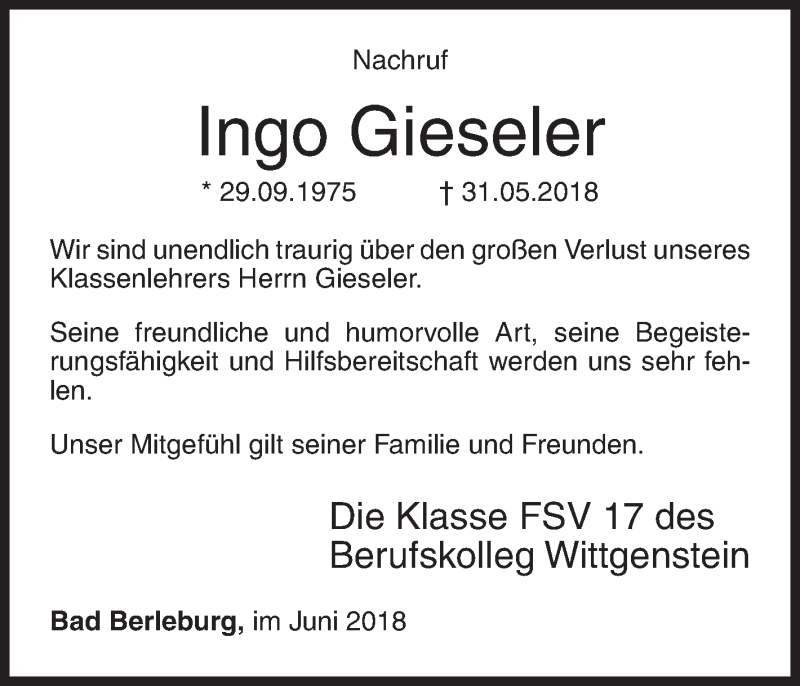 Traueranzeige für Ingo Gieseler vom 04.06.2018 aus Siegener Zeitung
