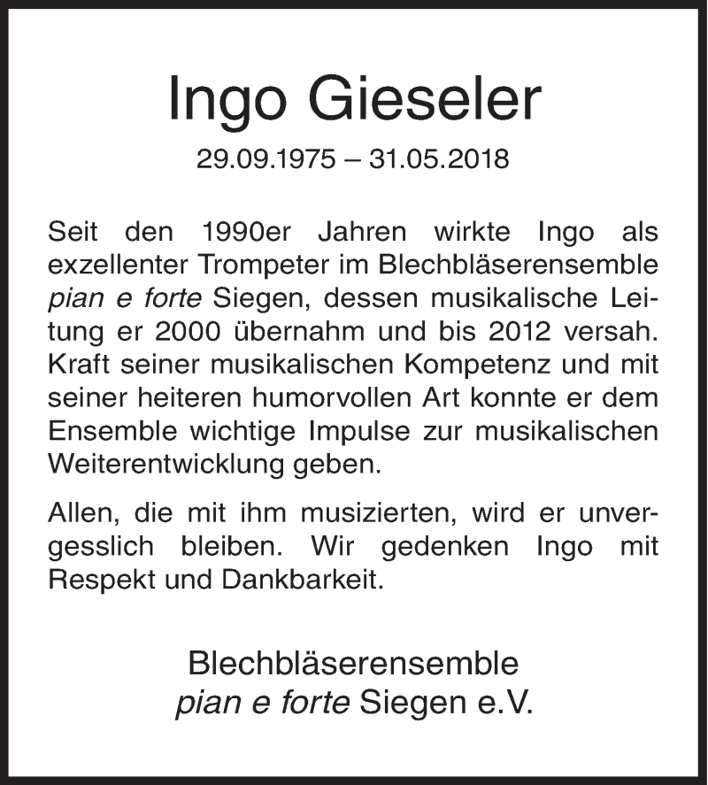  Traueranzeige für Ingo Gieseler vom 05.06.2018 aus Siegener Zeitung