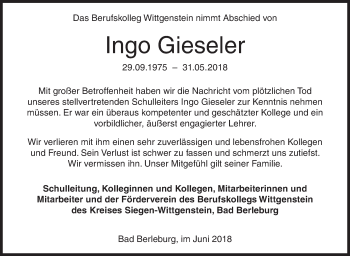 Traueranzeige von Ingo Gieseler von Siegener Zeitung