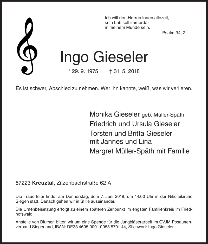  Traueranzeige für Ingo Gieseler vom 02.06.2018 aus Siegener Zeitung