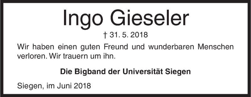  Traueranzeige für Ingo Gieseler vom 05.06.2018 aus Siegener Zeitung