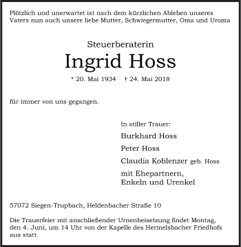 Traueranzeige von Ingrid Hoss von Siegener Zeitung