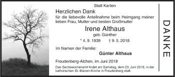 Traueranzeige von Irene Althaus von Siegener Zeitung