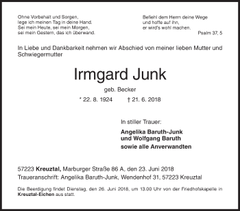 Traueranzeige von Irmgard Junk von Siegener Zeitung