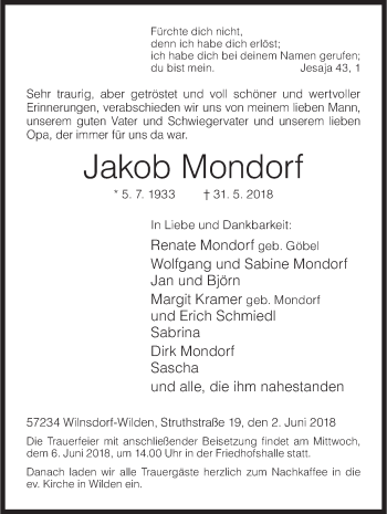 Traueranzeige von Jakob Mondorf von Siegener Zeitung