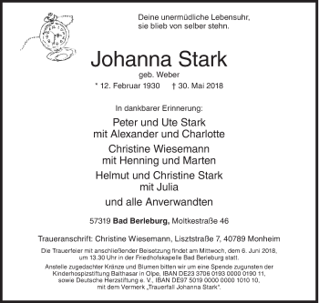 Traueranzeige von Johanna Stark von Siegener Zeitung