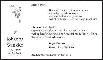 Traueranzeige von Johanna Winkler von Siegener Zeitung