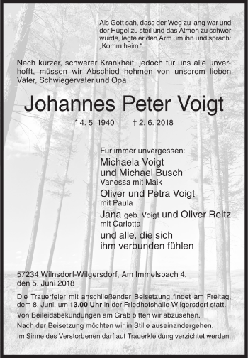 Traueranzeige von Johannes Peter Voigt von Siegener Zeitung