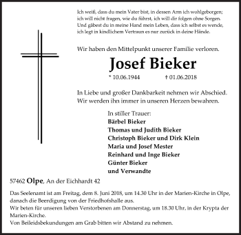 Traueranzeige von Josef Bieker von Siegener Zeitung