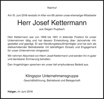 Traueranzeige von Josef Kettermann von Siegener Zeitung
