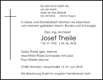 Traueranzeige von Josef Theile von Siegener Zeitung