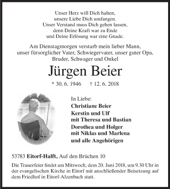 Traueranzeige von Jürgen Beier von Siegener Zeitung