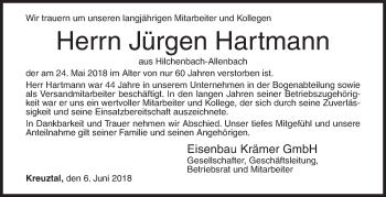 Traueranzeige von Jürgen Hartmann von Siegener Zeitung