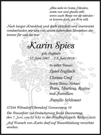 Traueranzeige von Karin Spies von Siegener Zeitung
