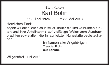 Traueranzeige von Karl Bohn von Siegener Zeitung