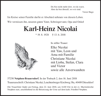Traueranzeige von Karl-Heinz Nicolai von Siegener Zeitung
