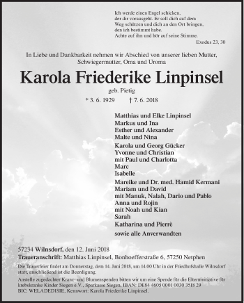 Traueranzeige von Karola Friederike Linpinsel von Siegener Zeitung