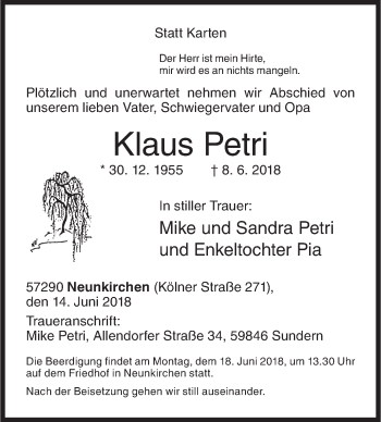 Traueranzeige von Klaus Petri von Siegener Zeitung
