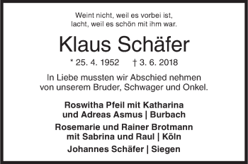 Traueranzeige von Klaus Schäfer von Siegener Zeitung