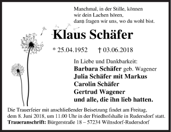 Traueranzeige von Klaus Schäfer von Siegener Zeitung