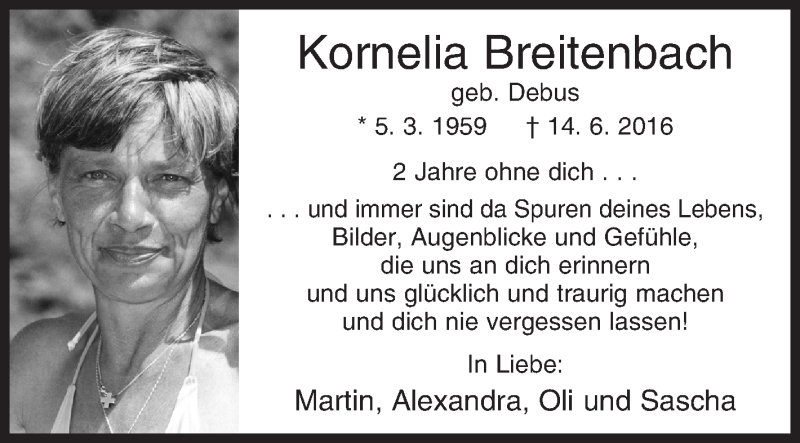  Traueranzeige für Kornelia Breitenbach vom 14.06.2018 aus Siegener Zeitung